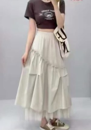 Fusta midi ampla cu volane, falduri si tulle,bej