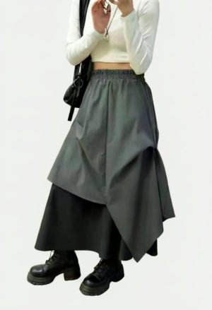 Fusta midi asimetrica cu suprapuneri, gri peste negru