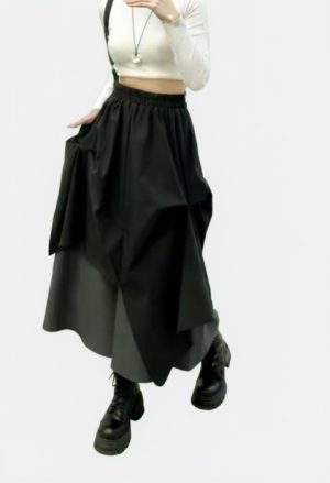 Fusta midi asimetrica cu suprapuneri, negru peste gri