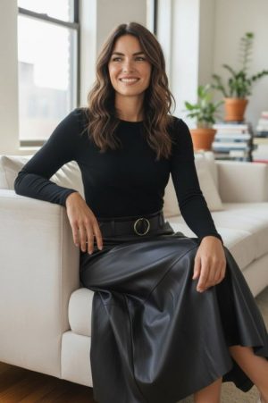 Fusta midi evazata, cu volan, din piele ecologica, cu talie elastica, neagra