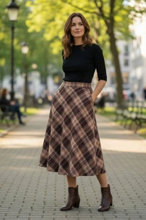 Fusta midi evazata in carouri maro cu bej, cu talie inalta si buzunare laterale