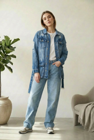 Geaca dreapta de blugi, denim, cu cordon in talie