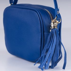 Geanta crossbody albastru electric din piele naturala, cu ciucure din piele