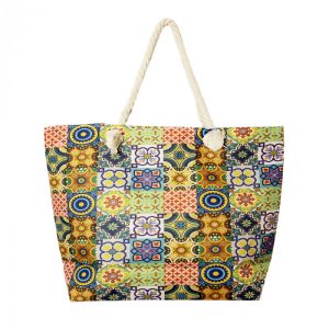 Geanta de plaja din material textil, cu imprimeu model marocan in culori vibrante