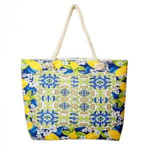 Geanta de plaja din material textil, cu model mediteranean cu lamai pe alb, verde si albastru