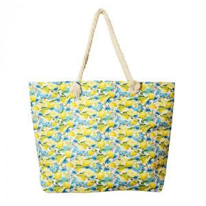 Geanta de plaja din material textil, cu model mediteranean cu lamai si fluturi