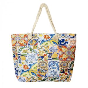Geanta de plaja din material textil, cu imprimeu model marocan cu lamai in culori vibrante