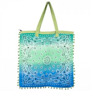 Geanta patrata de plaja din material textil, cu ciucuri pe trei laturi si degrade verde cu albastru