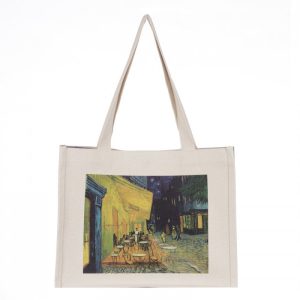 Geanta de umar din material textil cu imprimeu inspirat din pictura celebra    Cafeneaua   de Van Gogh