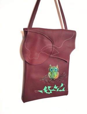 Geanta  din piele naturala ,cu bufnita pictata