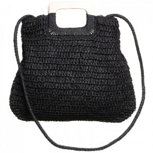 Geanta impletita crossbody, cu manere late din lemn, neagra