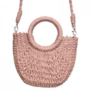 Geanta mica impletita crossbody, circulara cu manere rotunde, roz prafuit