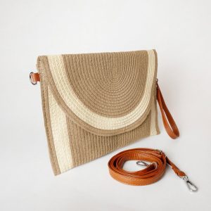 Geanta plic impletita crossbody, cu bareta de umar si de mana, camel cu bej deschis