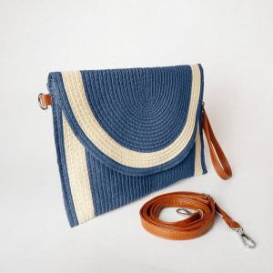 Geanta plic impletita crossbody, cu bareta de umar si de mana, bleumarin cu bej deschis