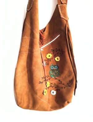 Geanta sac ,din piele naturala  camel intoarsa,cu bufnita pictata