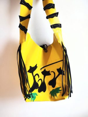 Geanta handmade sac ,din piele naturala  galbena,Dansul pisicutelor