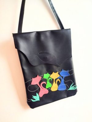 Geanta vesela din piele naturala neagra  ,Dansul pisicutelor