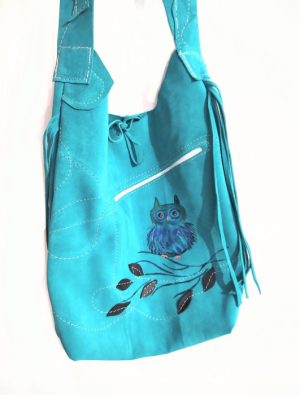 Geanta sac turcoaz,cu bufnita pictata ,din piele naturala intoarsa,unicat