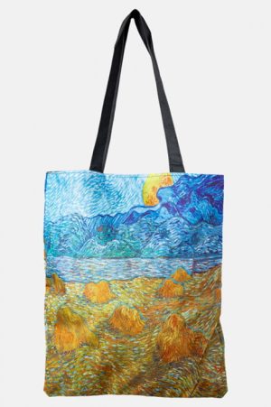 Geanta shopper din material textil, cu imprimeu inspirat dintr-o pictura cu lanuri muncite a lui Van Gogh