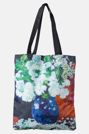 Geanta shopper din material textil, dupa o pictura cu flori albe in vaza