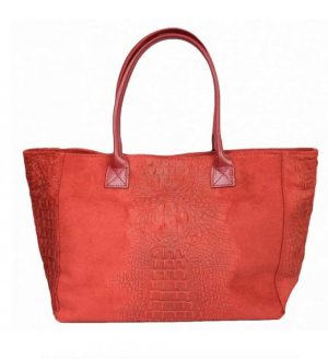 Geanta din piele naturala cu aspect de piele de crocodil, rosie