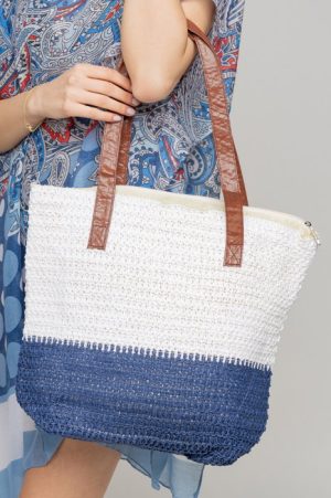Geanta shopper bicolora impletita, alb si albastru