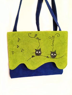 Geanta unicat handmade  cu pisicute ,din piele naturala olive si albastru electric