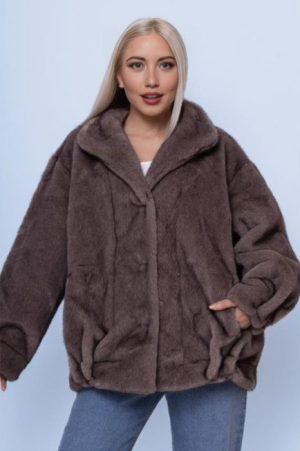 Geaca oversize din blanita artificiala, bej inchis