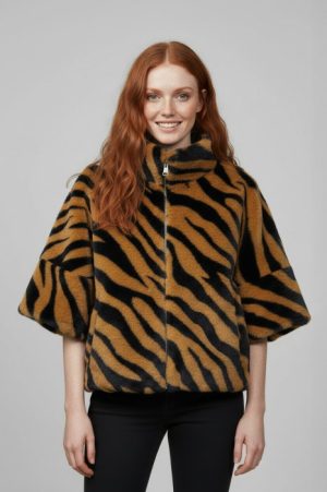 Jacheta din blana scurta animal print tigru maro negru, cu maneca 3 4, captuseala si fermoar
