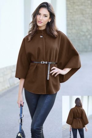 Jacheta trendy stil poncho cu curea, din stofa maro ciocolata
