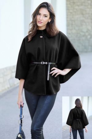 Jacheta trendy stil poncho cu curea, din stofa neagra