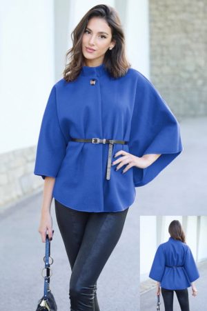 Jacheta trendy stil poncho cu curea, din stofa albastra