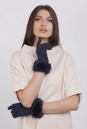 Manusi dama din material textil catifelat cu blanita naturala de iepure, bleumarin