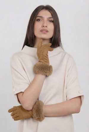 Manusi dama din material textil catifelat cu blanita naturala de iepure, camel