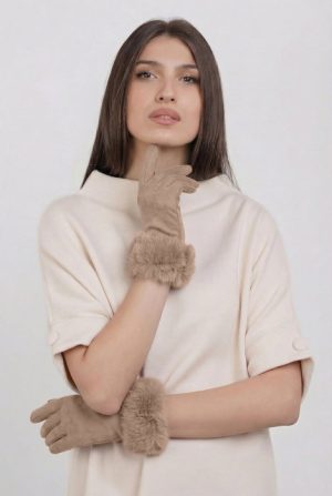 Manusi dama din material textil catifelat cu blanita naturala de iepure, bej