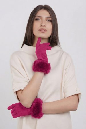 Manusi dama din material textil catifelat cu blanita naturala de iepure, fucsia