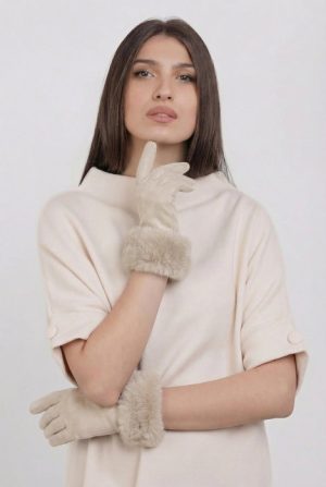 Manusi dama din material textil catifelat cu blanita naturala de iepure, ivory