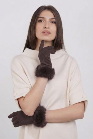 Manusi dama din material textil catifelat cu blanita naturala de iepure, maro