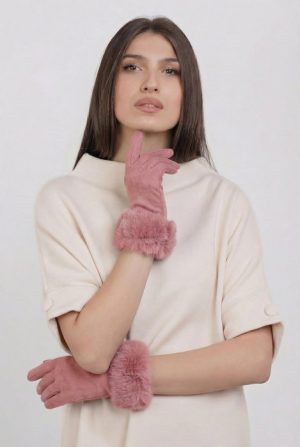 Manusi dama din material textil catifelat cu blanita naturala de iepure, roz prafuit