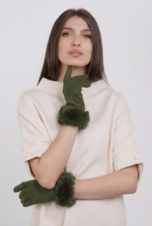 Manusi dama din material textil catifelat cu blanita naturala de iepure, kaki