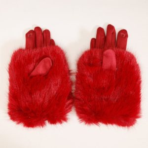 Manusi dama din material textil catifelat si suprapunere de blanita, bordo