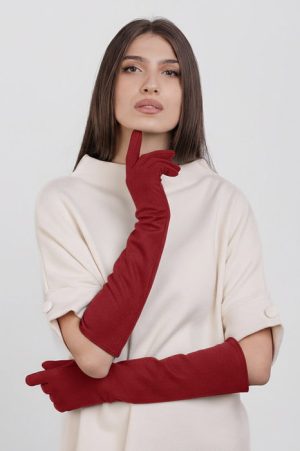 Manusi dama foarte lungi si simple din material textil catifelat rosu inchis