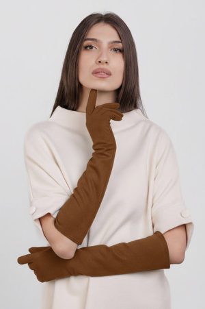 Manusi dama foarte lungi si simple din material textil catifelat maro ciocolatiu