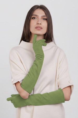 Manusi dama foarte lungi si simple din material textil catifelat verde deschis