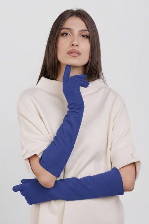 Manusi dama foarte lungi si simple din material textil catifelat albastru