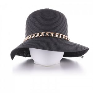 Palarie de paie impletita cu decoratiune lant auriu, neagra