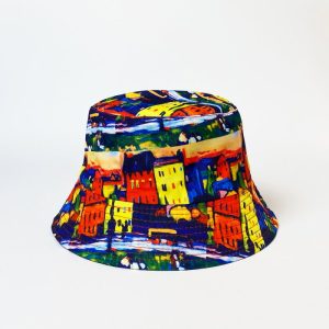 Palarie tip bucket unisex cu doua fete imprimata cu reproducere dupa o pictura cu casute multicolore