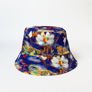 Palarie tip bucket unisex cu doua fete imprimata cu reproducere dupa o pictura cu nuferi