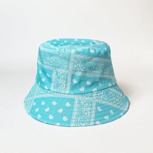 Palarie tip bucket unisex cu doua fete, paisley bleu si negru