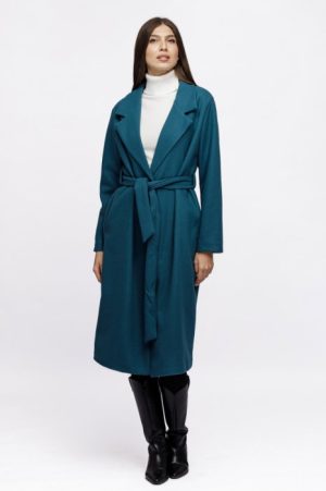 Palton lung, clasic, cu revere, din stofa turcoaz